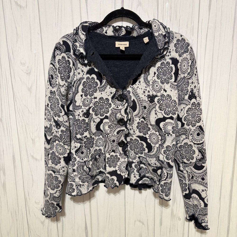 VENARIO Angora & Wool Floral Print Button-Up Cardigan,‎ Medium